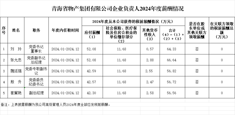 青海省物產集團有限公司企業(yè)負責人2024年度薪酬情況及第五任期(2022-2024)激勵收人情況